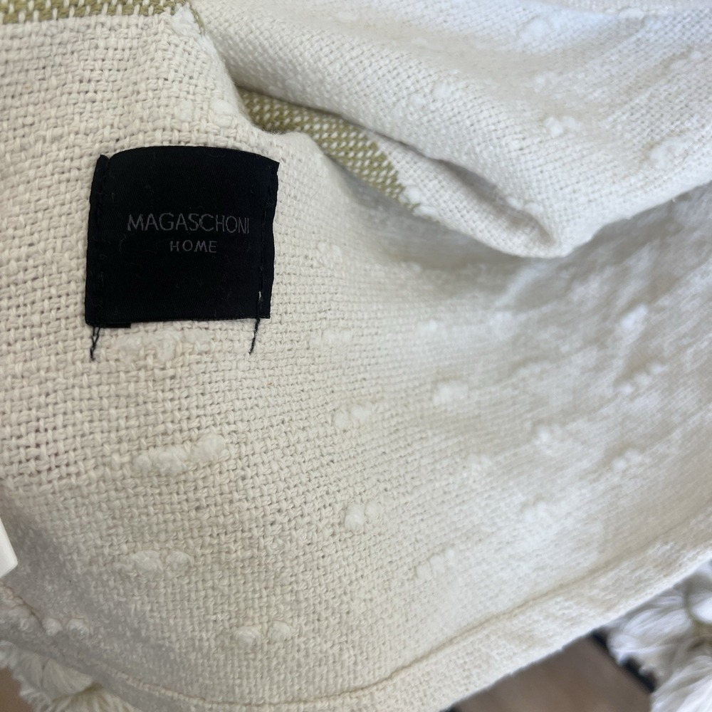 Magaschoni Home Throw Blanket Woven Cream & Green Stripe Tassle 50x60 Throw - Picture 3 of 4